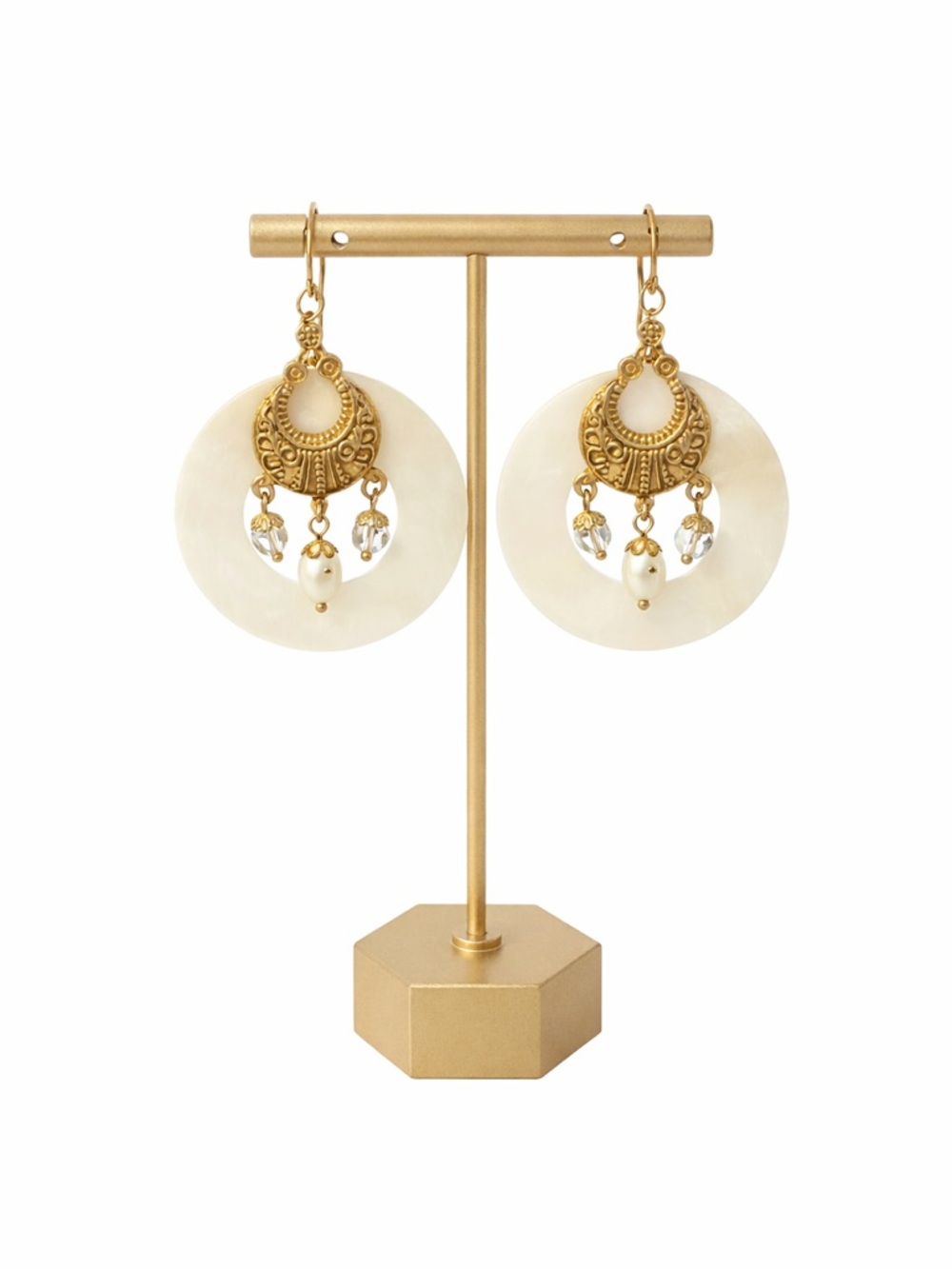 Vintage Mother of Pearl Drop Earrings Gold Tone‎ Boho Statement Dangle